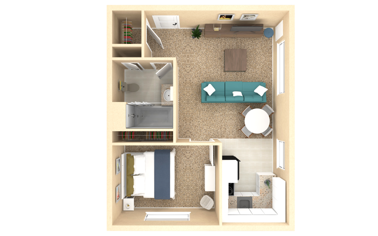 Floor plan for 1 bed, 1 bath, 528 sqft